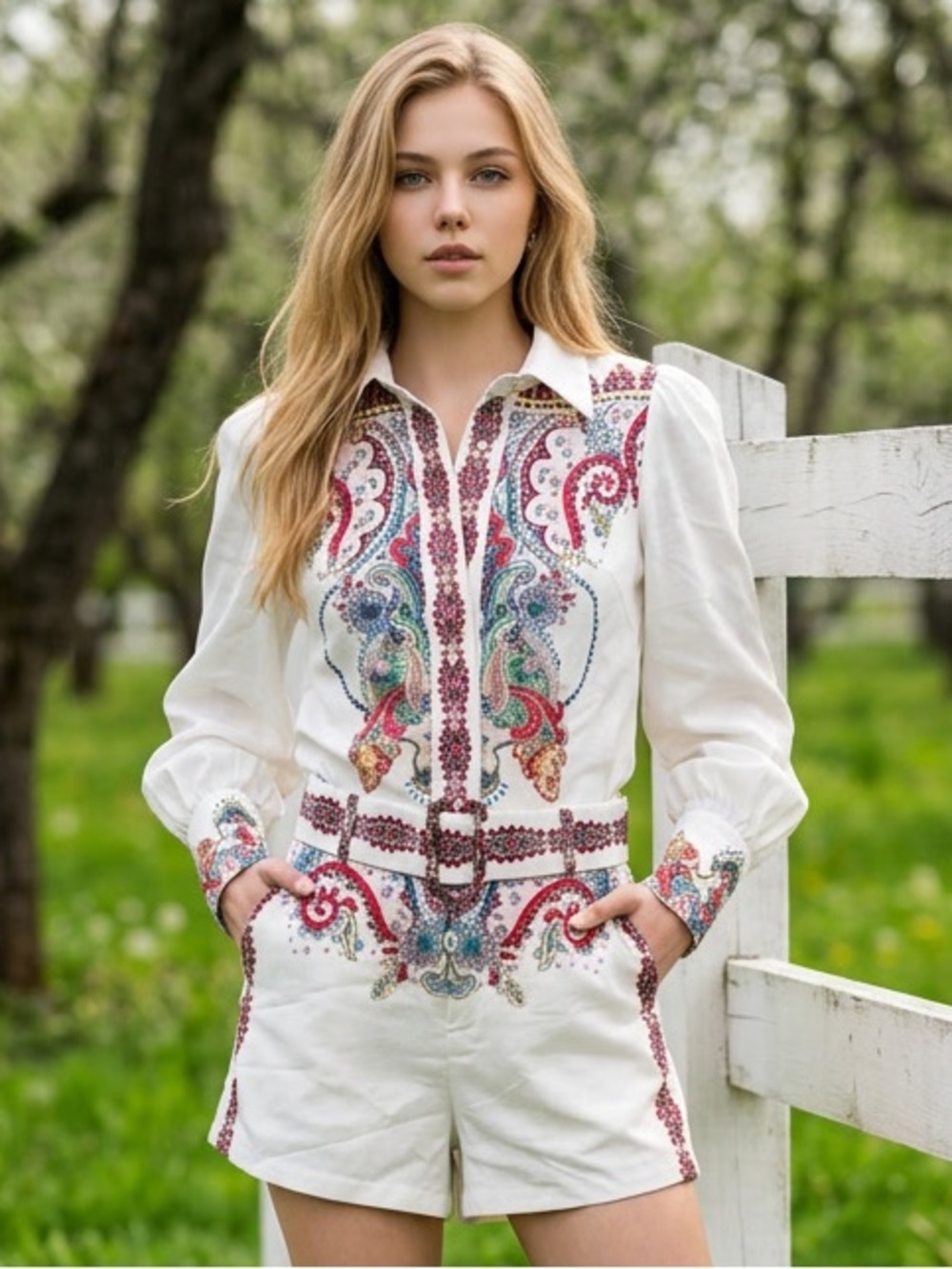 THE SANG White Multicolor Paisley Collared Long Sleeve Button Blouse & Shorts Sm